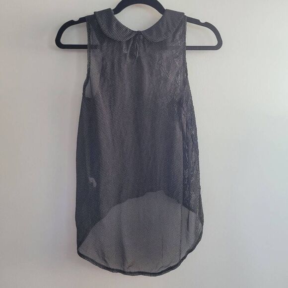 Paper Crane semi sheer tank top peter pan collar polka dotted bow detail lace ba - Picture 2 of 8